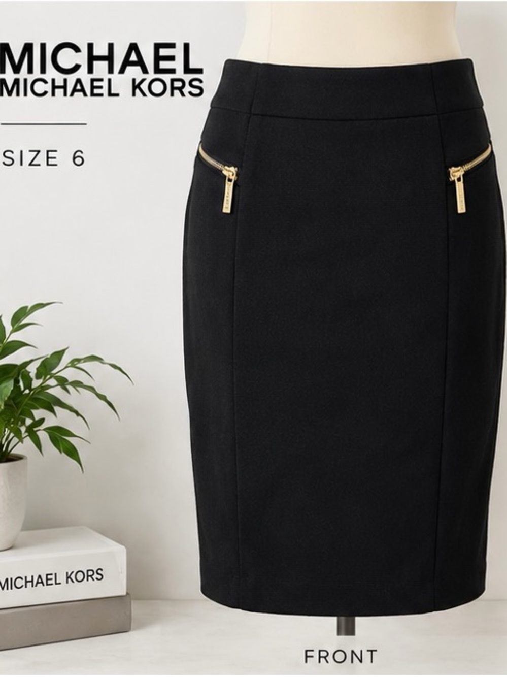 MICHAEL Michael Kors Size 6 Black Pencil Skirt Gold Zippers